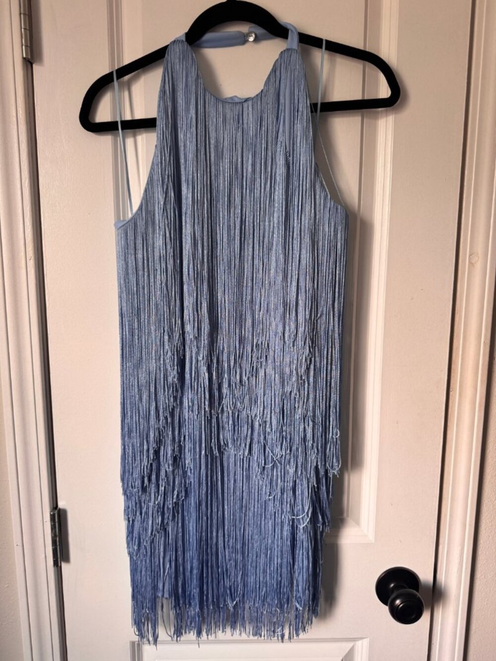 Starlit Siesta Fringe Halter Mini Dress M Blue Open Back Party Flapper